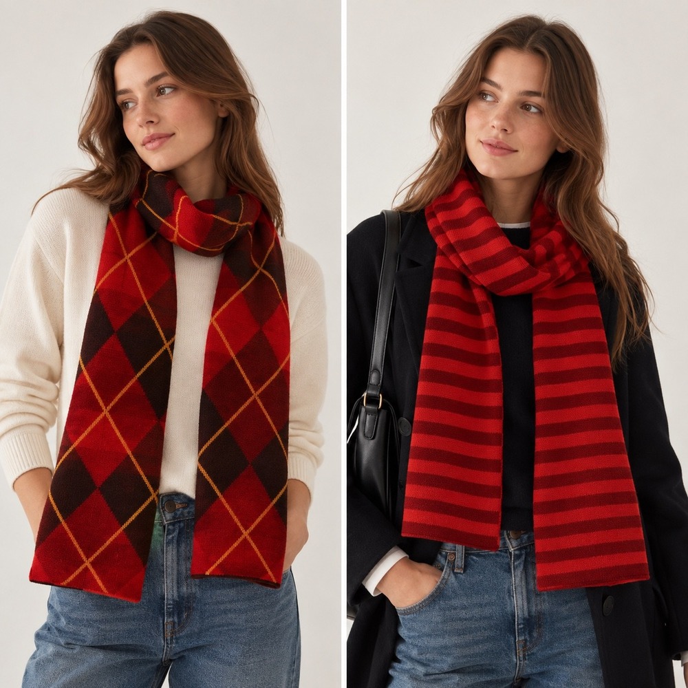 Fossil Reversible Argyle Striped Scarf Womens Red Black Knit Preppy Academia